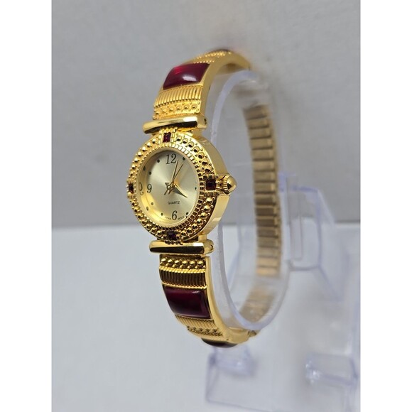Avon Gold Tone Red Cabochon Bracelet Watch Japan Quartz New Battery 24mm Classic - Picture 2 of 11